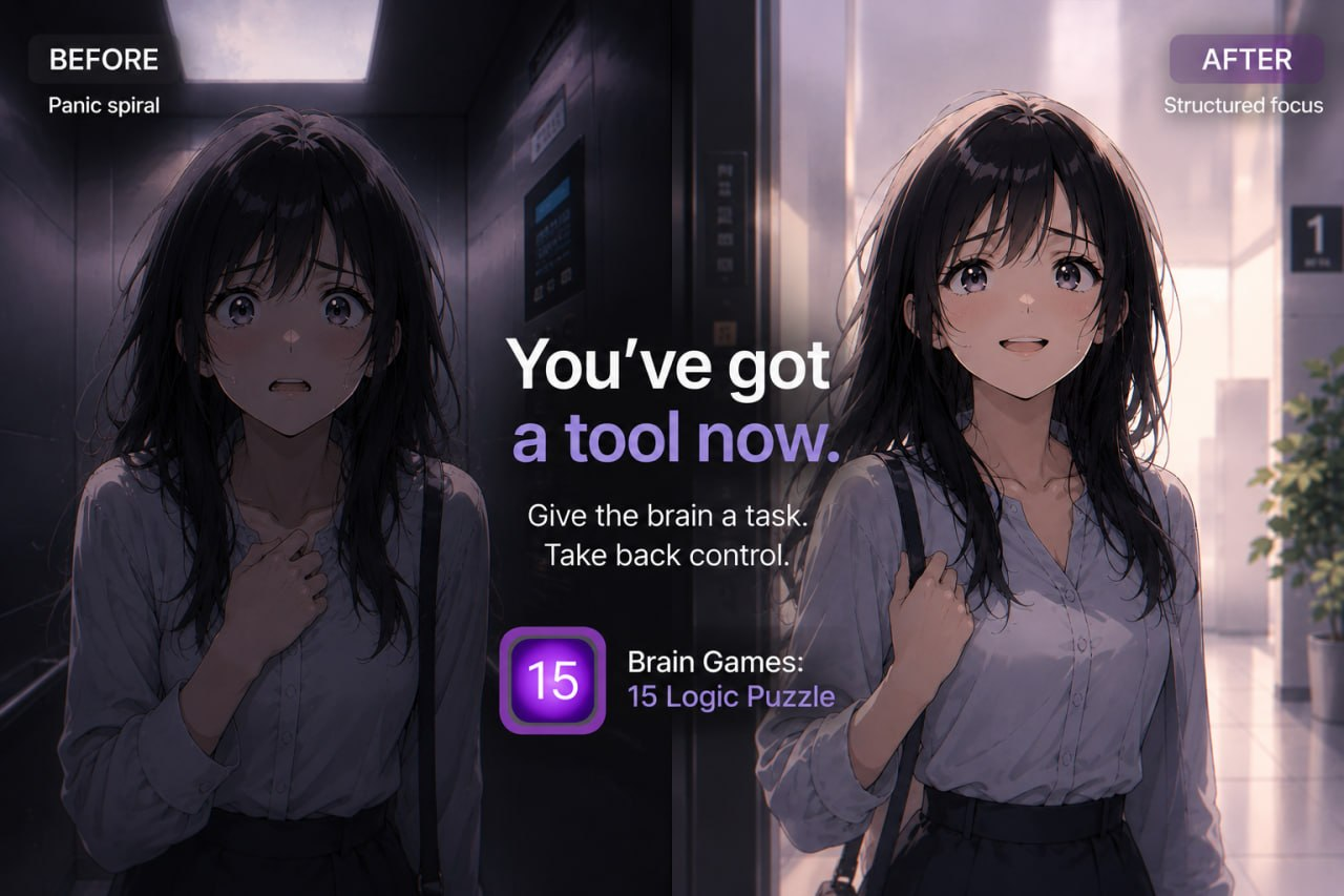 Anime-style girl using Brain Games: 15 Logic Puzzle on a phone as a grounding tool during a panic attack